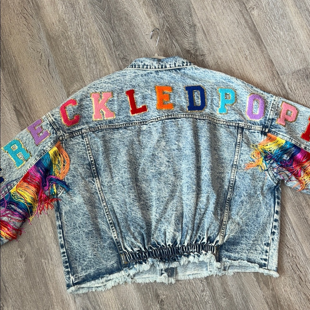 Stonewash denim jacket rainbow fringe BiBi Freckled Poppy XL pride cowgirl NWT - Picture 12 of 14